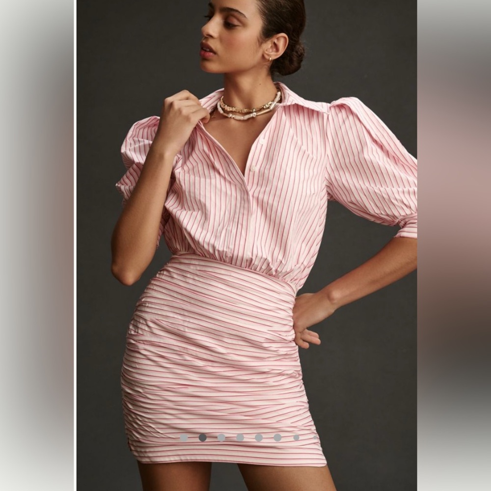 Maeve Fitted Ruched Mini Shirt Dress pink and white 1x